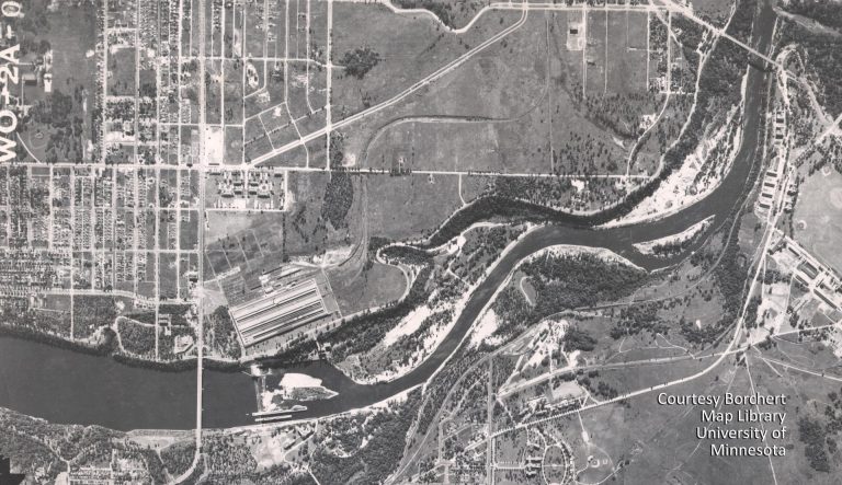 This aerial photo from 1940 shows the Twin Cities Assembly Plant. Above it (to the east) are the Highland Village Apartments, one of the first developments to be completed after the plant opened. The diagonal road is St. Paul Avenue. The rail spur to the plant is also visible. Courtesy Borchert Map Library, University of Minnesota