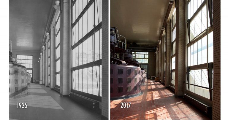 The interior of the hydroelectric plant has remained virtually unchanged since its construction, as seen in these photographs from 1925 and 2017. The four original Westinghouse generating units are still in use today. Courtesy Brian McMahon (1925) and Peter Myers (2017)