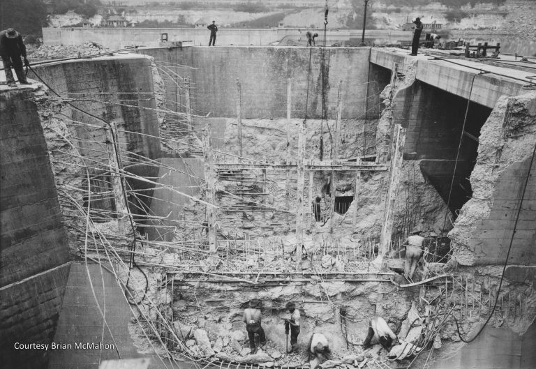 The original foundations for the hydroelectric plant, built by the Army Corps of Engineers in 1917, were too small to accommodate the larger generators that Henry Ford wanted to install, so most of the original concrete structure had to be demolished and replaced with larger foundations. Courtesy Brian McMahon