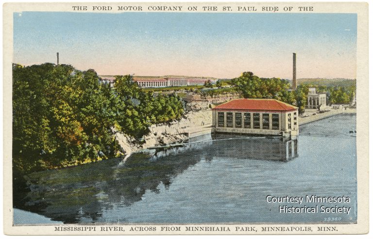 This postcard from the mid-1920s shows how the assembly plant and hydroelectric plant were integrated into the scenic setting on the banks of the Mississippi River. Courtesy Minnesota Historical Society