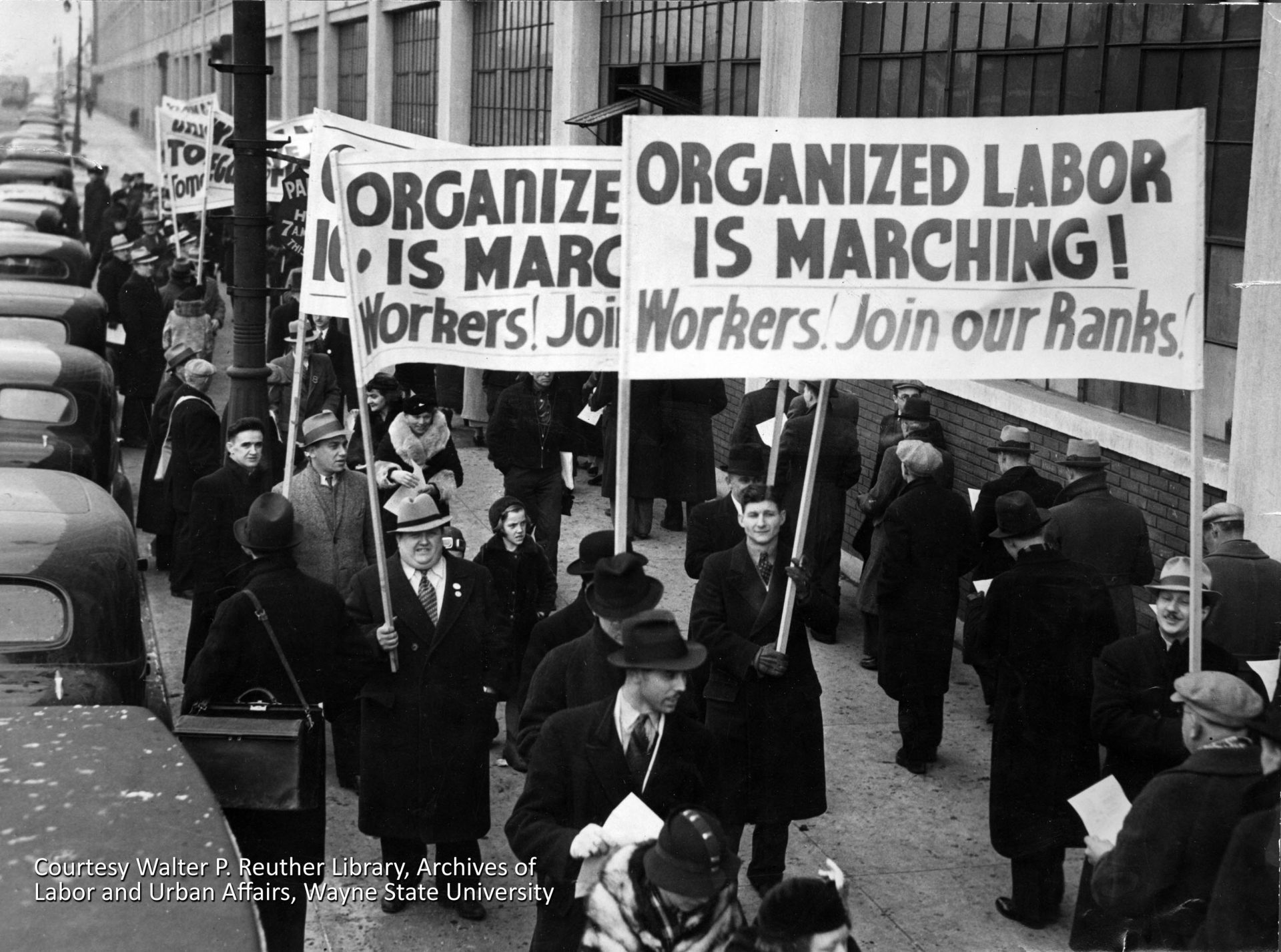 Autoworkers in Detroit and around the country mobilized in the 1930s to achieve collective bargaining rights. Chrysler and General Motors accepted the newly-formed United Autoworkers into their plants in 1937, but Henry Ford refused to acknowledge the UAW. It would be another four years before Ford, encouraged by his wife Clara, would accept the UAW. Courtesy Walter P. Reuther Library, Archives of Labor and Urban Affairs, Wayne State University