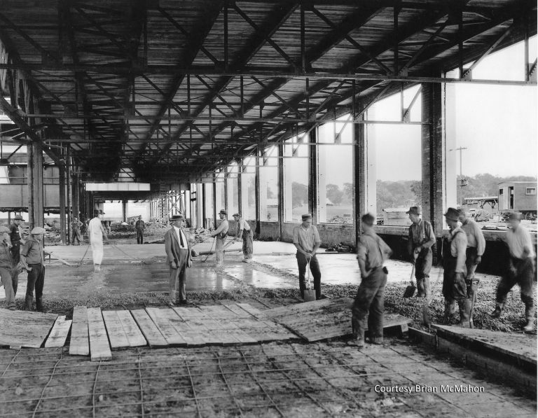 Construction of the Twin Cities Assembly Plant was fast-tracked through the winter of 1924-25. Pouring the concrete foundations in winter required workers to heat water for the concrete mix to 180 degrees and deploy portable heaters to facilitate the drying process. Courtesy Brian McMahon