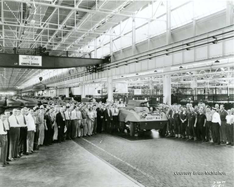 More than 6,000 M-8 armored tanks were assembled by workers at the Twin Cities Assembly Plant during World War II. The six-wheeled vehicle became known as “The Greyhound” for its speed and maneuverability. It was used primarily for reconnaissance missions in Europe. Courtesy Minnesota Historical Society